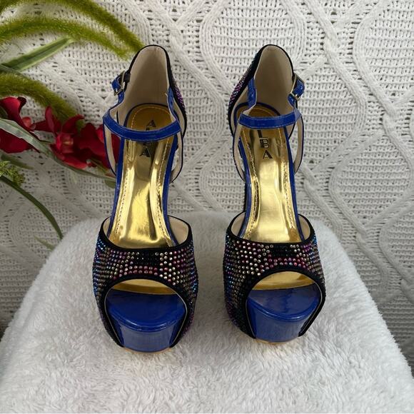 ALBA Multicolored Rhinestone Bejewled Super High Stiletto Heels Open Toe Pumps 9 - Picture 2 of 10